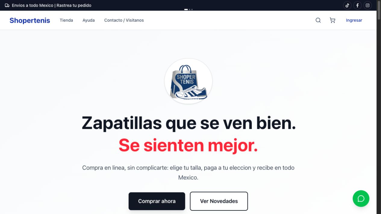 Página pública actual de Shopertenis